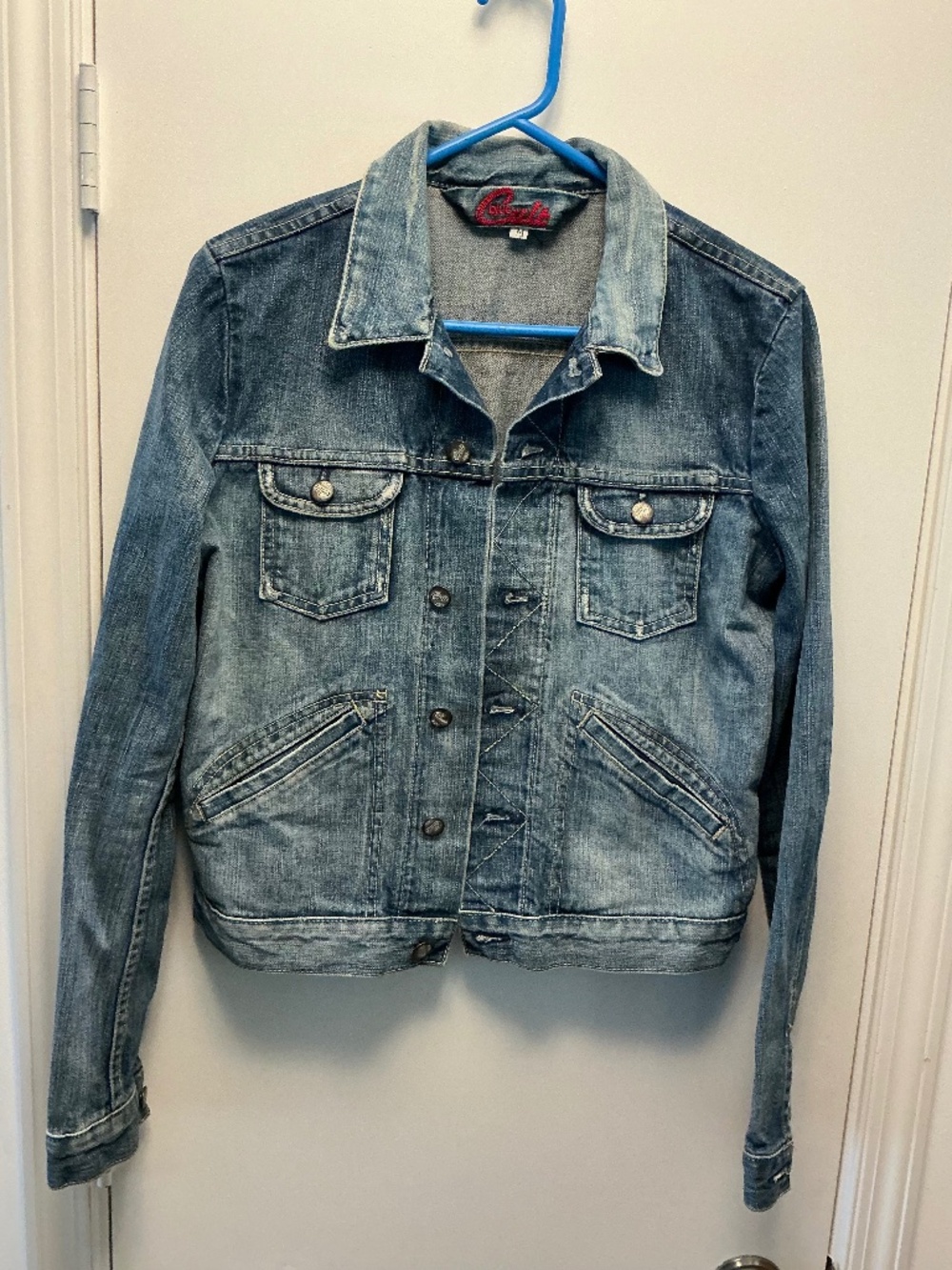 Blue Cult Vintage Distressed Denim Jacket ZigZag Stitch Front Sz Medium